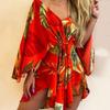 Asymmetrical Hem Elegent Beauty Lady Dress Tropical Print Sexy Women Dress Tie Front V Neck Mini Dress Beachwear
