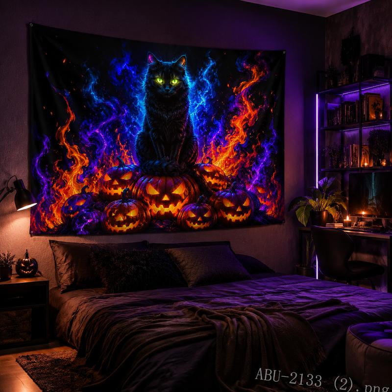 Psychedelic Black Cat Pumpkin Tapestry Flame Gothic Witchy Halloween Wall Hanging Bedroom Party Decor