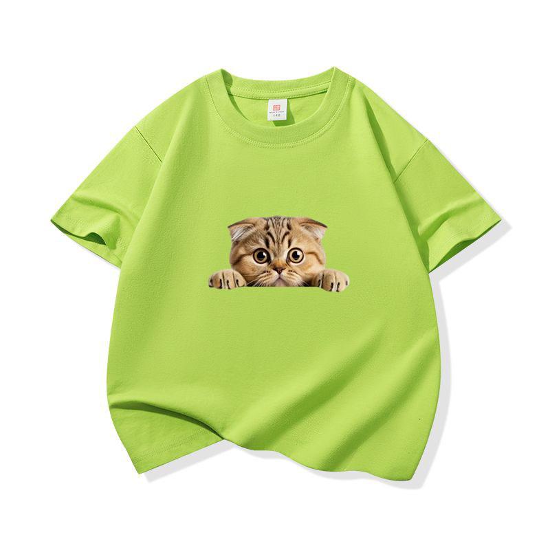 Kids Cotton T Shirt Peeking Tabby Fold Cat Pattern Print Crew Neck Short Sleeve Tee Casual Breathable Boys Girls Summer Tops