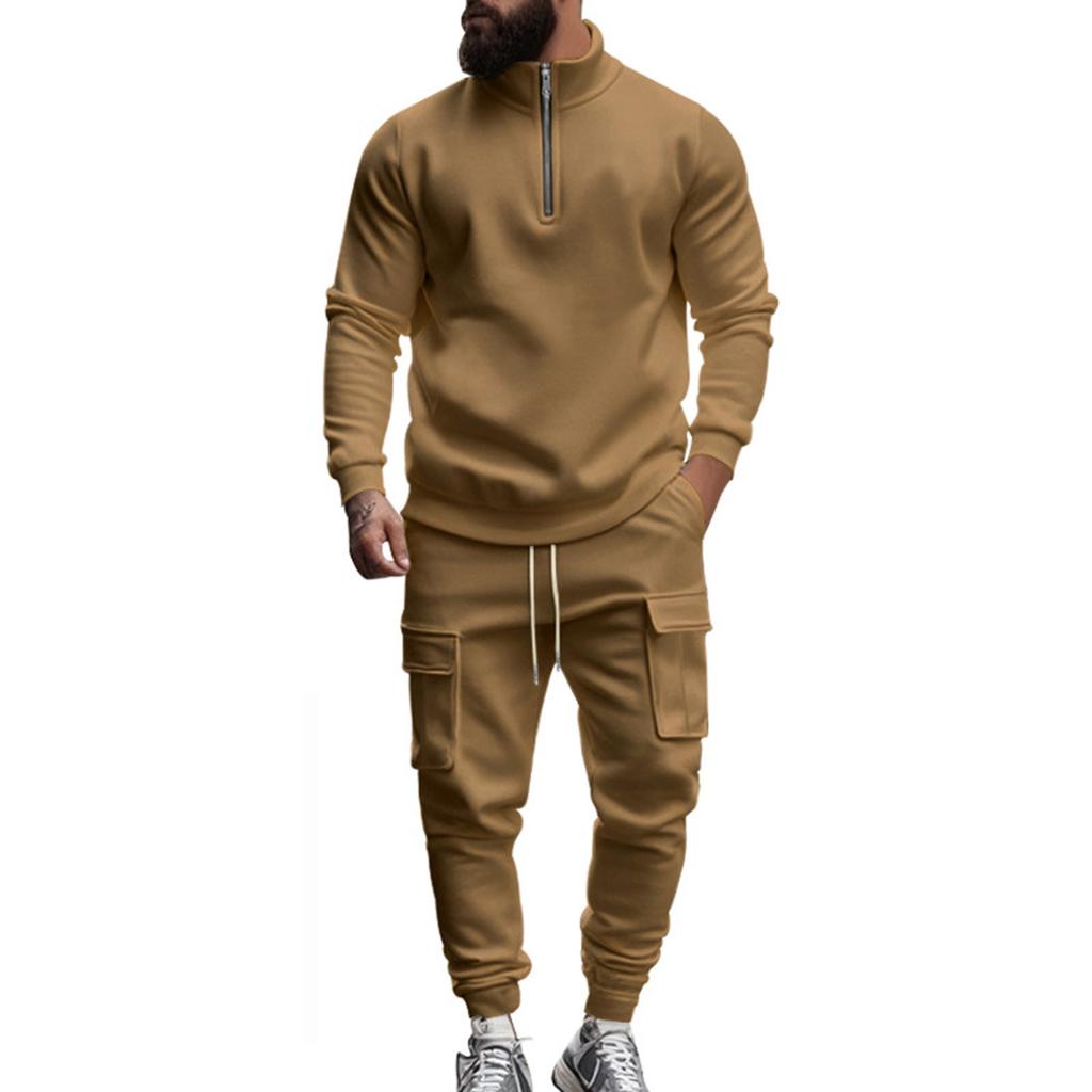 Men's Winter Casual Plus Velvet Warm Zipper Stand Collar Sweatshirt Men's Sports Pants Sweatshirt Set