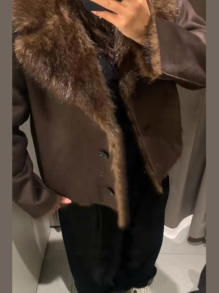Женская двусторонняя зимняя куртка Женская замшевая куртка из искусственного меха Женский теплый топ на пуговицах с воротником Коричневая Осень и Зима