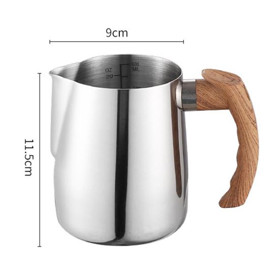 600/1000ML Milk Frothing Pitcher with Precise Scale Wooden Handle Dripless Spout Stainless Steel Latte Coffee Cup Milk