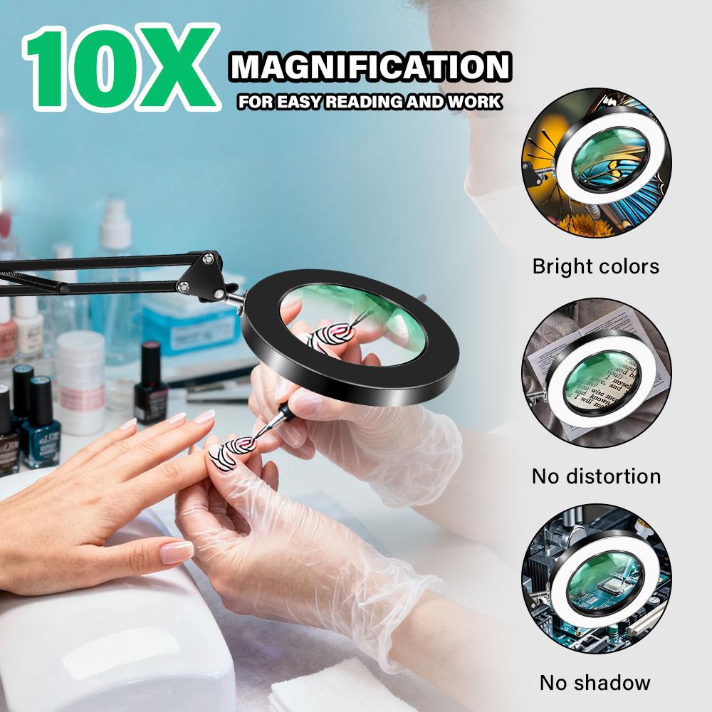 Three stage folding Magnifying Glass with Light and Clamp 3 Color Modes Stepless Dimmable Flexible Swing Arm 72 LED Desk Lamp