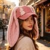 Punk Baseball Cap with Plush Rabbit Ears, Washed Distressed Peaked Hat for Casual Windproof Winter, Long Bunny Ear Dance Party Show Festivals