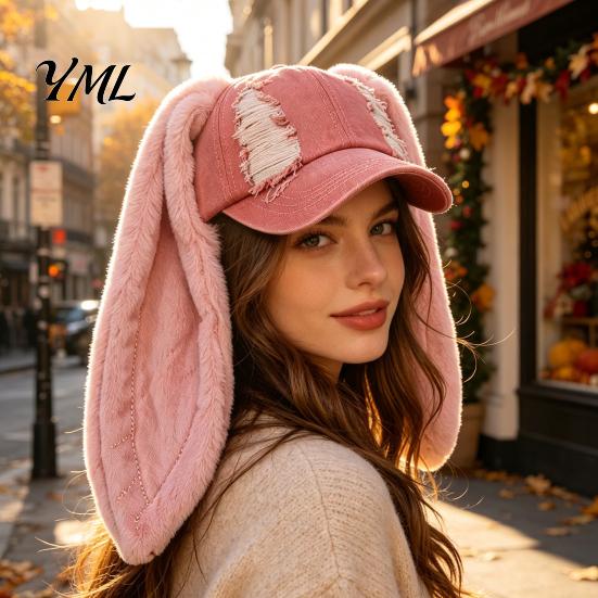 Punk Baseball Cap with Plush Rabbit Ears, Washed Distressed Peaked Hat for Casual Windproof Winter, Long Bunny Ear Dance Party Show Festivals