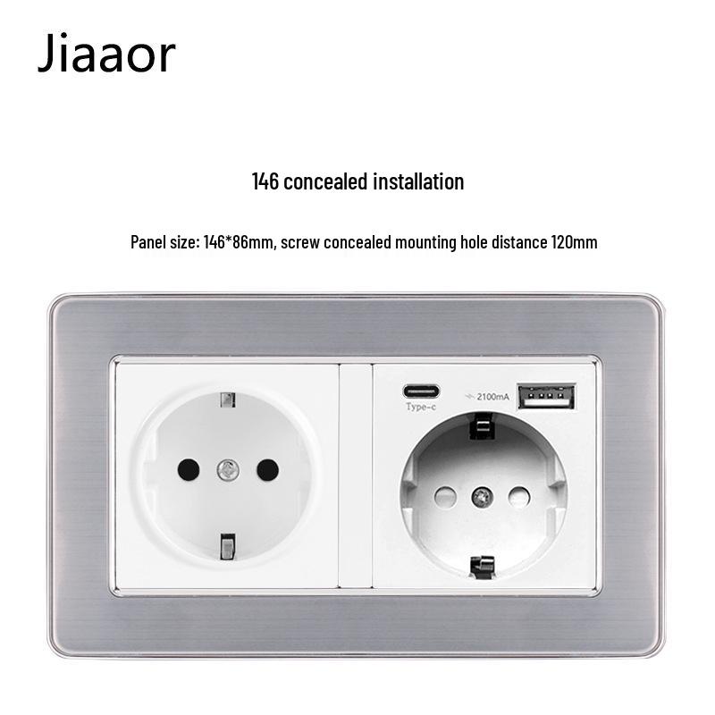 Европейский стандарт 86 тип Панель из нержавеющей стали для двойного выключателя и розетки с USB-C, Немецкий стиль, Встраиваемый настенный монтаж.
