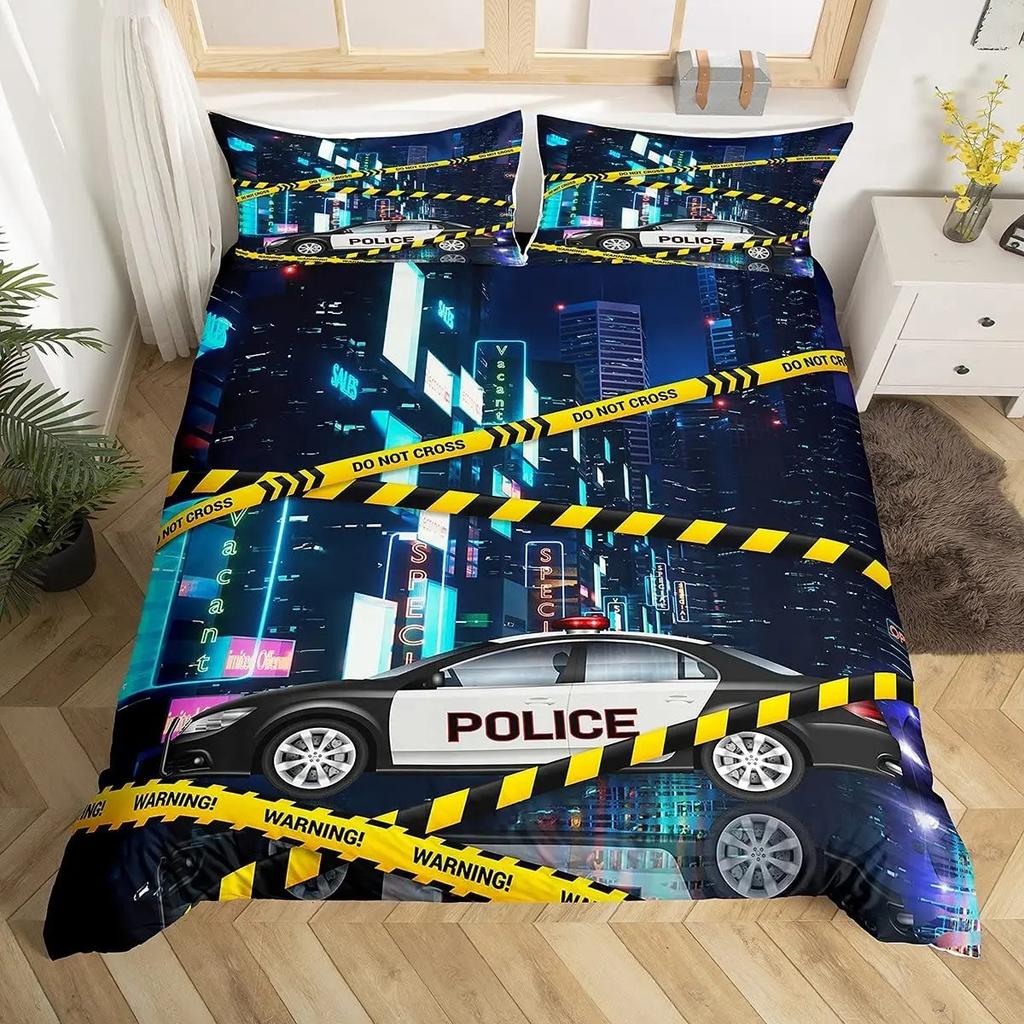 Kids Boys Cartoon Police Car King Queen Duvet Cover Set White Grey Black 2/3pcs Polyester Quilt Cover with Vehicle Bedding