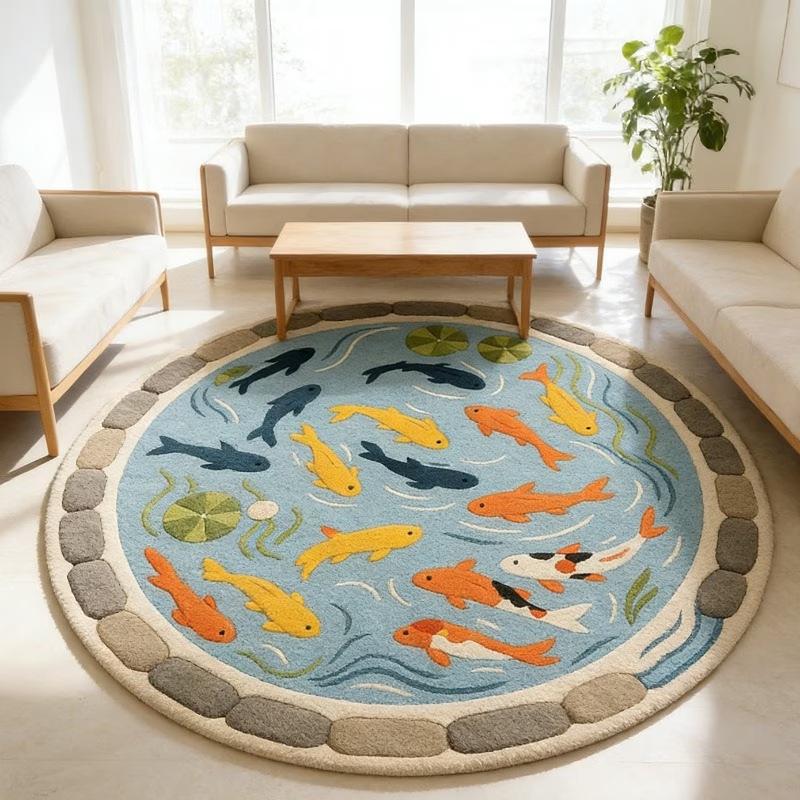 Round Koi Fish Lotus Pond Printed Area Rug Non Slip Water Absorbent Circular Floor Mat Living Room Home Decor