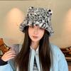 Autumn And Winter Leopard Print Plush Bucket Hat Cute Ears Warm Basin Hat Fashionable Wear Commuter Essential Hat