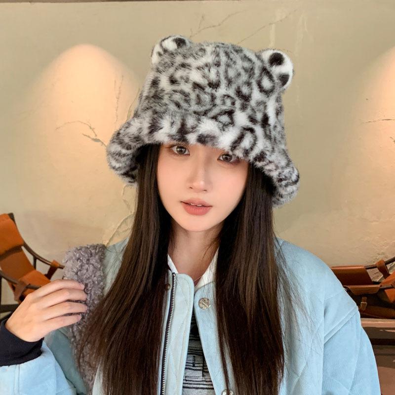 Autumn And Winter Leopard Print Plush Bucket Hat Cute Ears Warm Basin Hat Fashionable Wear Commuter Essential Hat