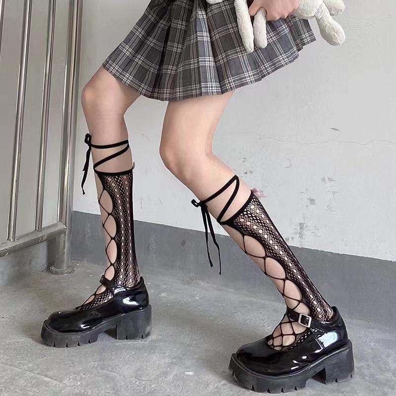 Gothic Lolita Sockings Mesh Lace Tube Socks JK Socks Thin Fishnet Stockings Bow Tie Hollow Calf Socks