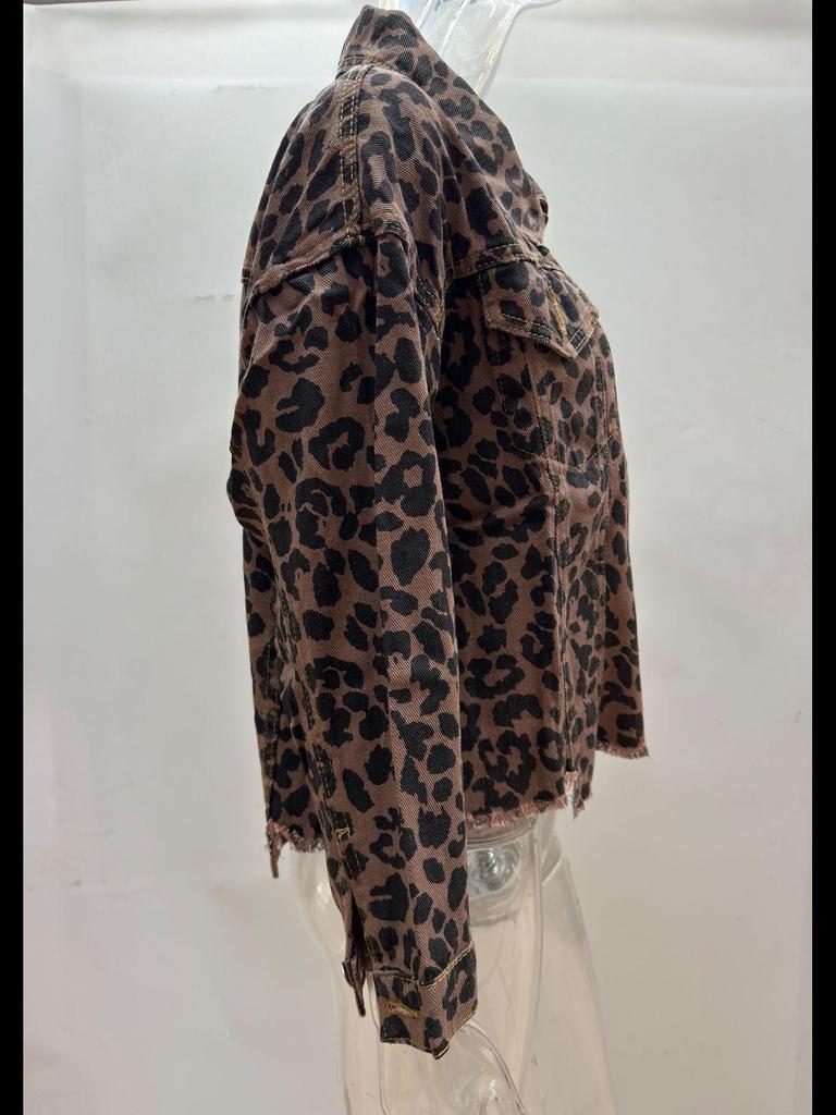 2022 Леопардовый принт Длинный рукав Джинсовая куртка Топ