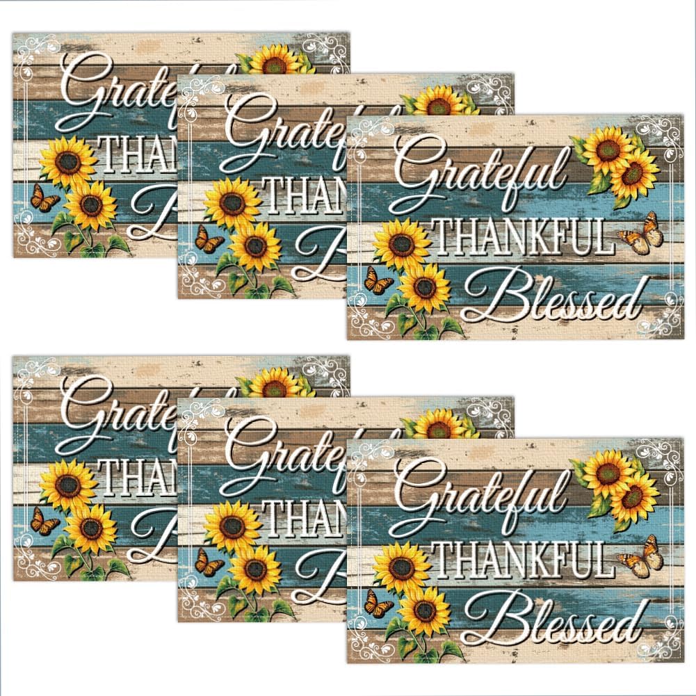WADORN Flowers Cat Placemats Set of 6, Black Cat Wildflowers Cloth Table Place Mats 11.8x17.7 Inch Non-Slip Linen Washable Table Mats Heat Resistant