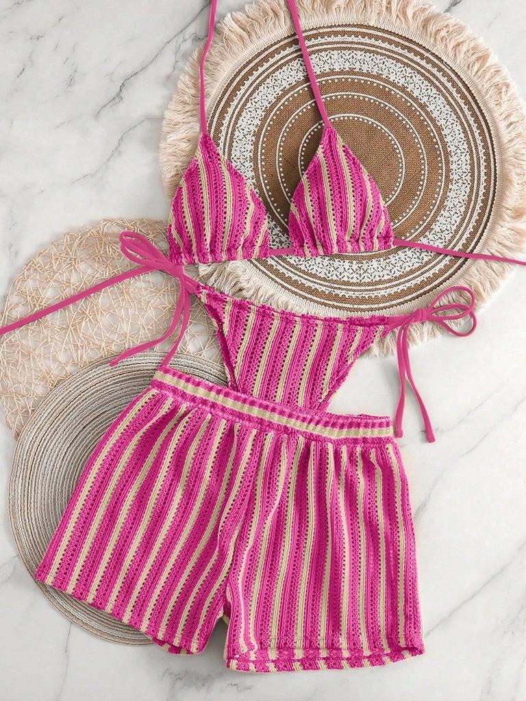 New bikini European and American swimsuit three-piece shorts European and American beach suit women's straps