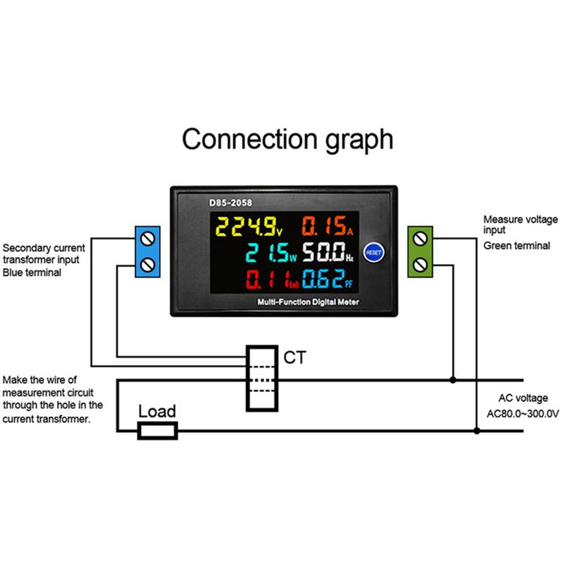 D85-2058 AC40-300V Digital Voltmeter Ammeter Multi-function Single Phase AC Power Frequency Electric Energy Power Factor Monitor