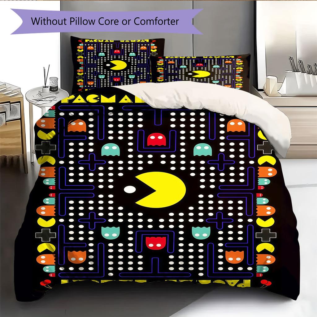 GAME Pac‑Man Pattern Bedding Home Decoration Birthday Gift ( 1 duvet cover + 2 pillowcase, without core),fan merchandise.