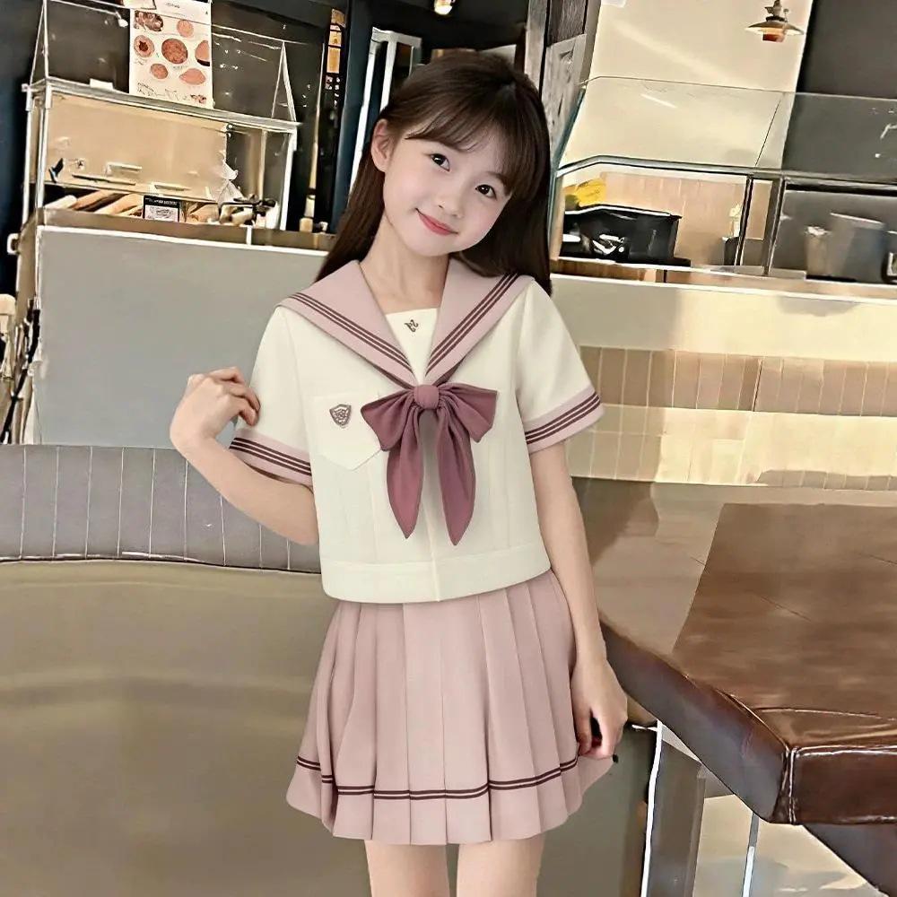Girls' Summer Sailor Suit: Cute Navy Collar & Pleated Skirt Two-Piece JK Uniform