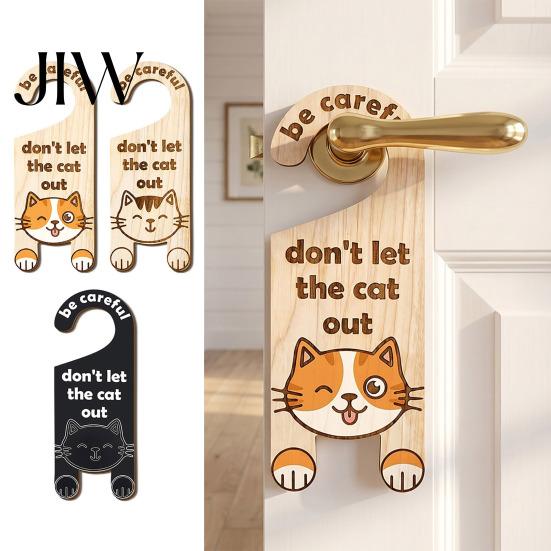 Pet Shop Door Sign Cat Warning Handle Sign, Wooden Cartoon Hanging Reminder, Escape Prevention Safety Knob Hanger, for Bedroom And Entryway Doors Cafe