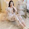 Artificial cotton pajamas women's spring and summer anti-bump cotton and silk loungewear suit summer cute plaid large size pajamas outside wear