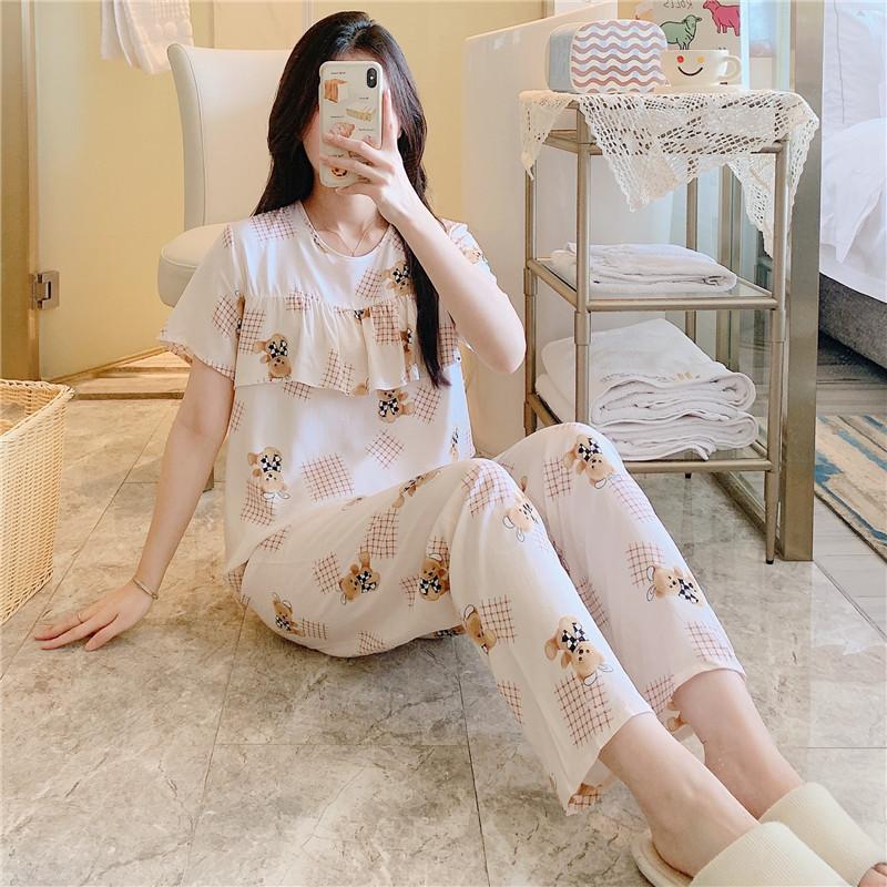 Artificial cotton pajamas women's spring and summer anti-bump cotton and silk loungewear suit summer cute plaid large size pajamas outside wear