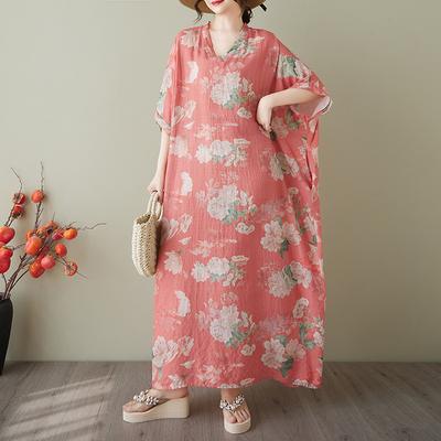 2025 Летнее платье больших размеров для женщин, повседневное винтажное платье-рубашка с V-образным вырезом, свободное базовое платье с принтом