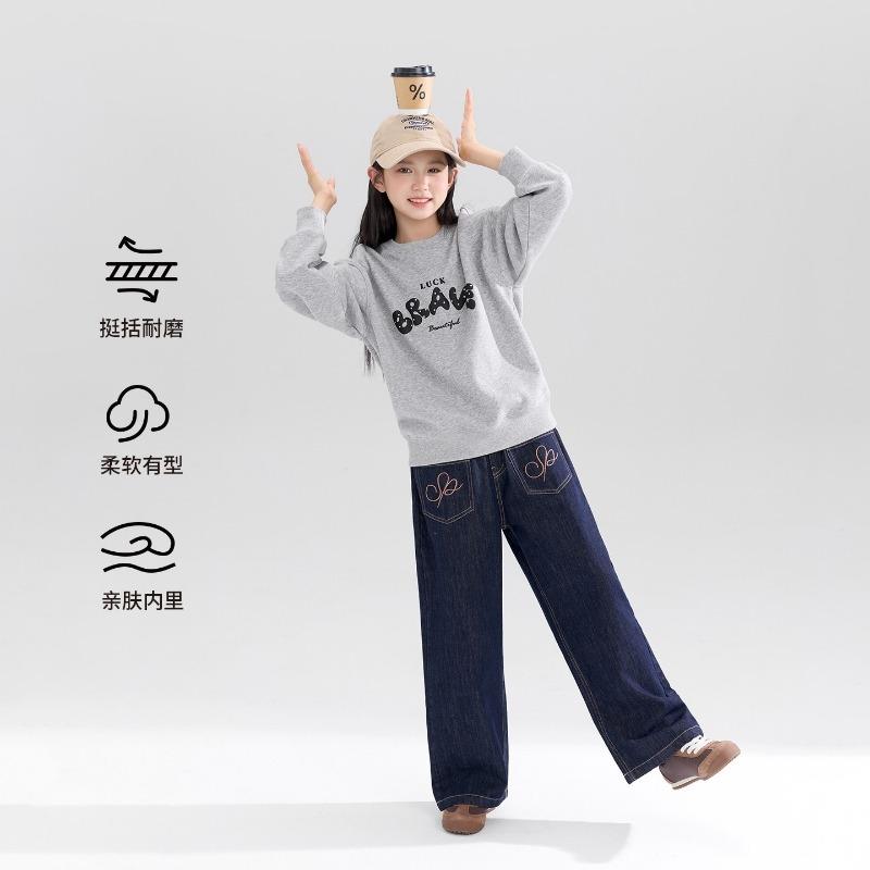 Girl S Casual Round Neck Long Sleeve Sweatshirt Loose Fit Letter Print Kids Top