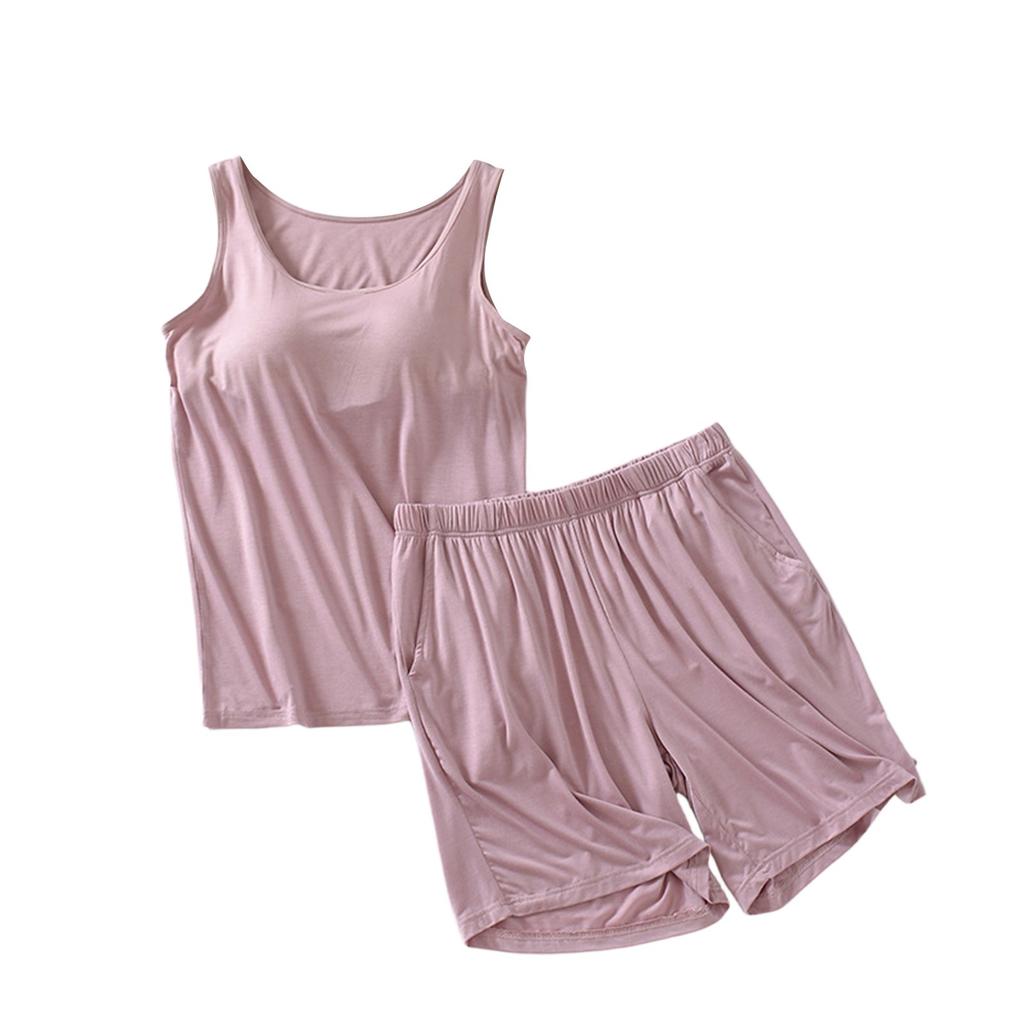 Women's Pajama Set With Chest Pad Solid Color Sleeveless Vest Short Split Pants Two Pieces