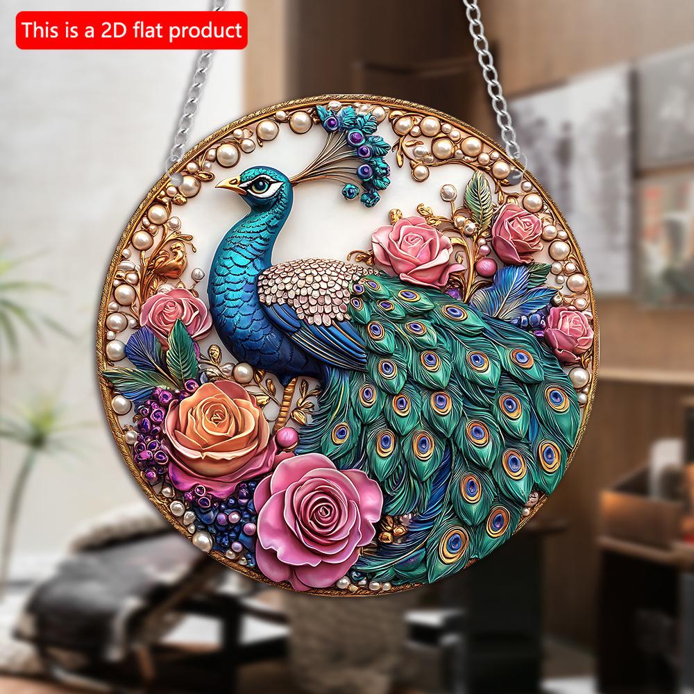 2D Flat 20cm 1pc Unique Peacock Crown Round Wooden Wall Hanging Decor - Beautiful Peacock &Flowers Wooden Pendant Gorgeous Retro Style Home Decoration