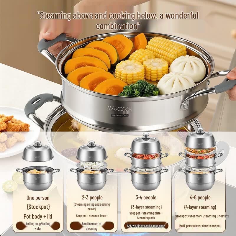MAXCOOK 3-Tier 304 Stainless Steel Steamer Pot (28cm)