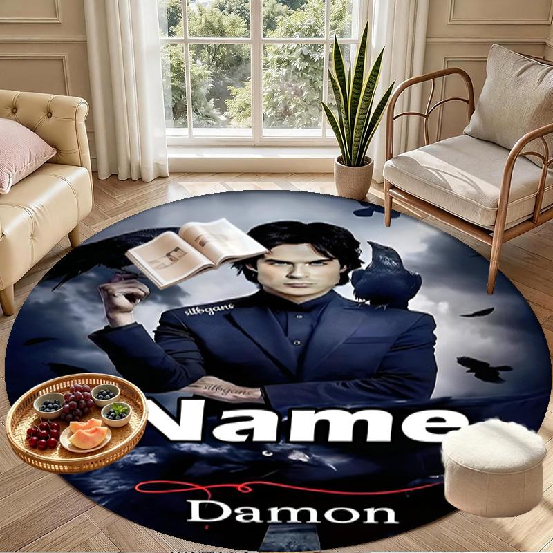 Custom Name Personalized Damon Salvatore Print Round Rug, Versatile Home Decor Carpet, for Playroom, Apartment, Balcony, Entryway, Hallway Gift