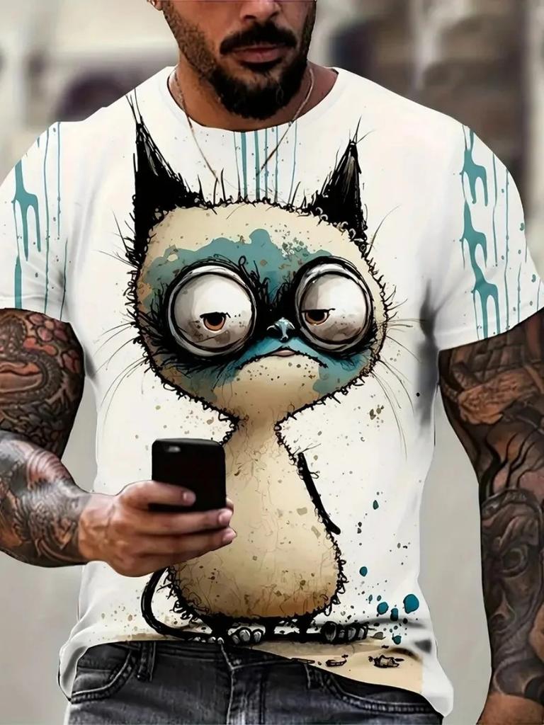 Animal Graffiti Fun Funny Funny 3D Printed Men's T-shirt Personality Vintage Plus Size Casual Loose Crew Neck Short Sleeve Top
