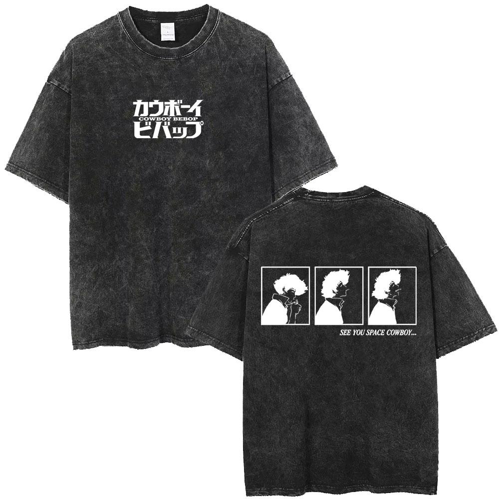 Anime Cowboy Bebop Vintage Washed T-shirt Manga Spike Spiegel Whatever Happens Happens T-shirts Retro Oversized Tee Shirt Unisex