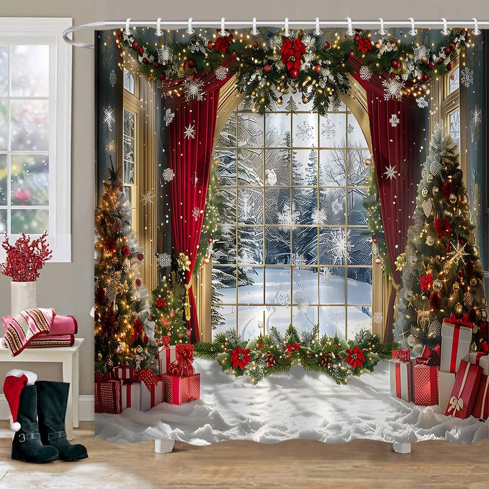 Рождественские украшения Душевая занавеска Зимняя снежная сцена Рождественская елка Рождественские подарки Полиэстер Душевая занавеска Декор для ванной комнаты