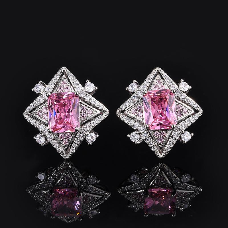 Jewelry, jewelry, stud earrings, sea blue zirconium pink zircon, fashionable European and American high-end quadrilateral Margaret Topa women's models