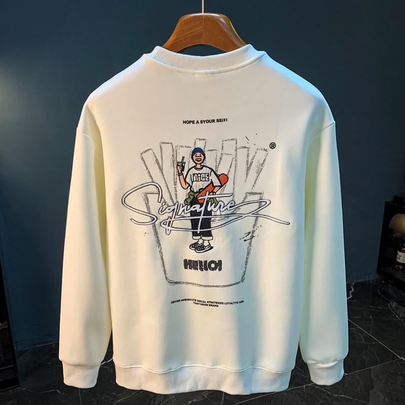 Mens Oversized Crewneck Fleece-Lined Hoodless Sweatshirt Winter Print Long Sleeve Casual Top