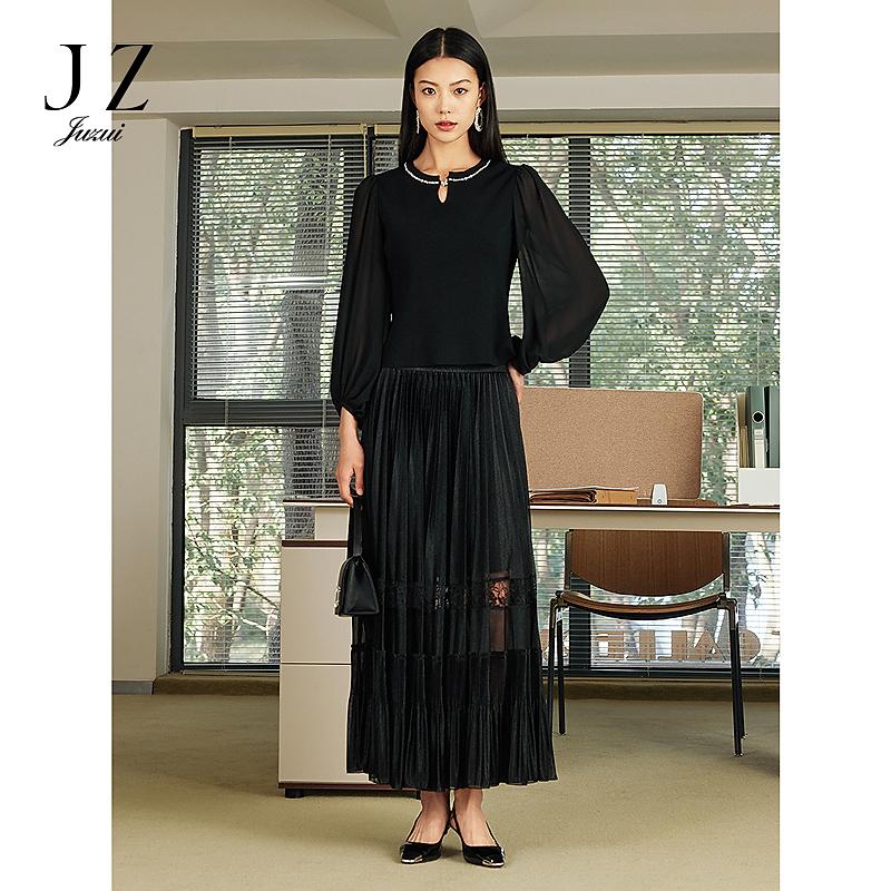JZ Jiuzi Shopping Mall Same Elegant Light Mature Mesh Lace Splicing Folded Half length Skirt for Women 2025 Spring New Style