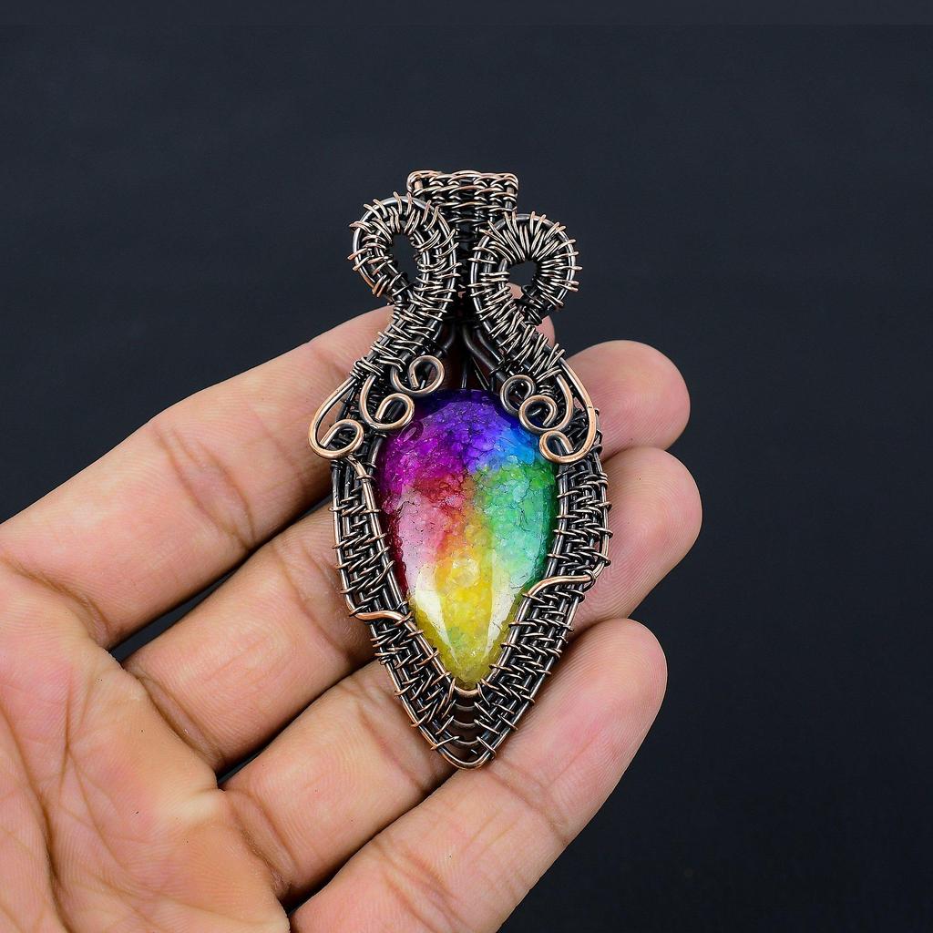 Радужный солнечный кварцевый драгоценный камень из чистой медной проволоки, завернутый в ювелирную подвеску ручной работы для подарка