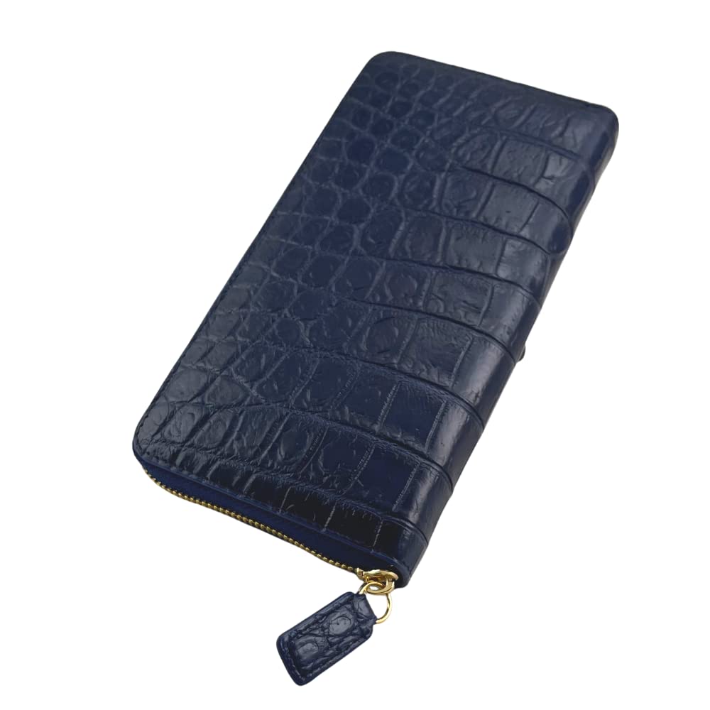 Genuine Crocodile Leather Long Wallet with Round Zipper for Men and Women (Navy)
