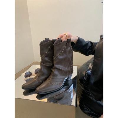 Британские ретро-сапоги в стиле рыцаря 2025 года с острыми носками и рукавами на среднем каблуке средней высоты с заостренным носком и тонкими модными ботинками