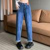 Dimanaf 2025 Women Spring Plus Size Elastic Jeans Pants Female Buttons Straight Basic High Waist Trousers Blue Long Pants