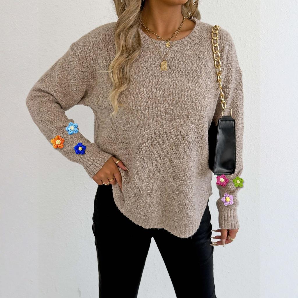 Женская футболка с винтажным цветочным принтом, круглым вырезом, свободная, с длинным рукавом, средней длины, с большим пальцем, с утечкой