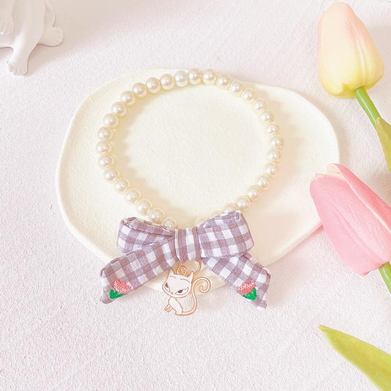 Kitten Puppy Bow Pearl Necklace Houndstooth Bell Neck Ring Cat Dog Apparel Accessories