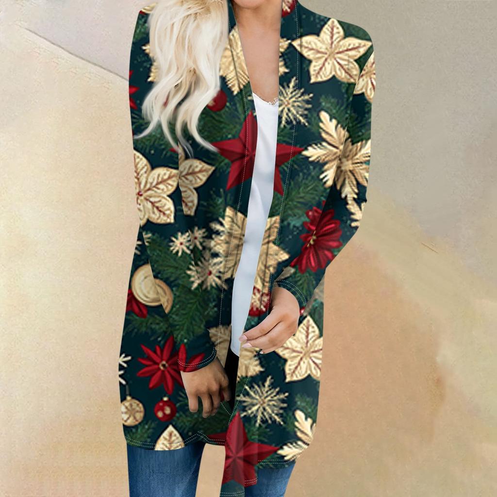 Женский модный и повседневный рождественский принтованный кардиган средней длины с длинными рукавами