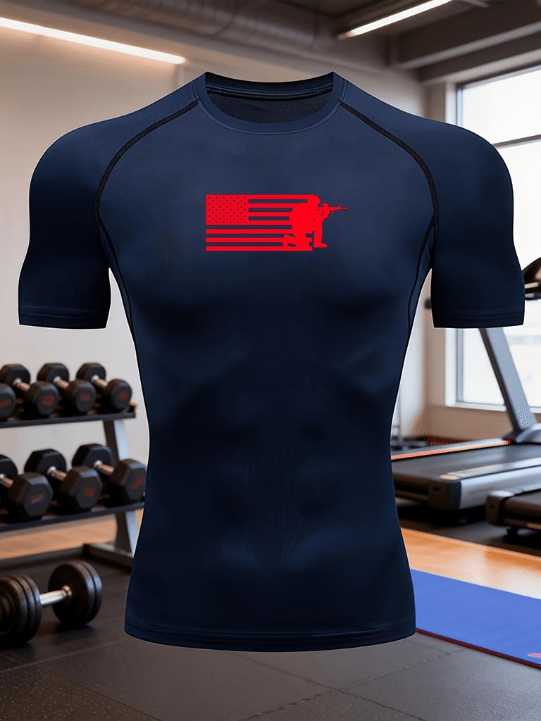 Men's White American Flag Shooter Silhouette Compression T-Shirt Tactical Print Quick Dry Gym Workout Top