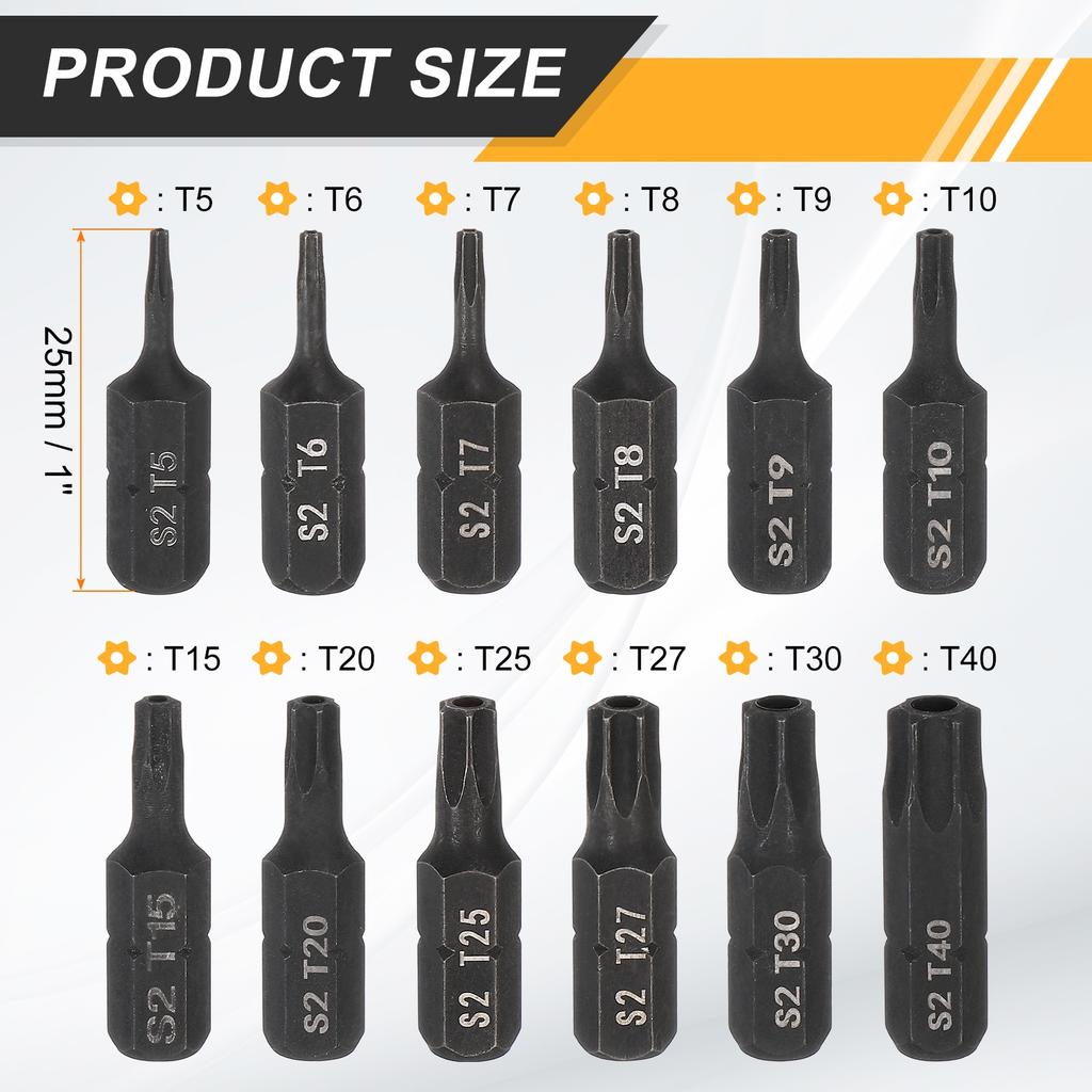 Набор бит Torx T5-T40, 12 шт., шестигранный хвостовик 1/4", длина 25 мм/1", головка-звезда 6-лучевая, Security Torx (со штифтом)