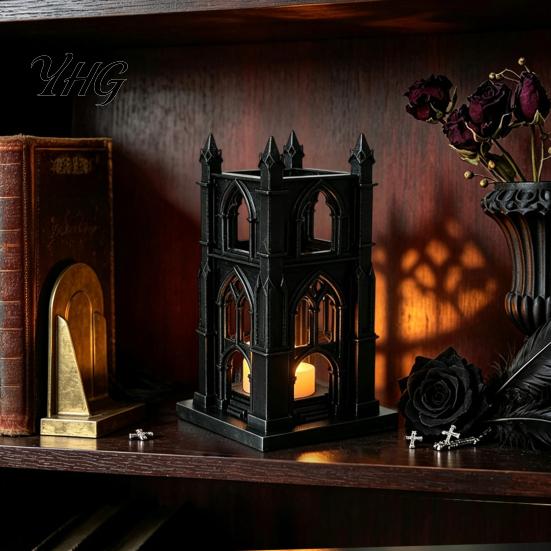 Artistic Home Decor Gothic Cathedral LED Candle Lantern, Church Shaped Flameless Tealight Lamp, Luminous Figurine for Spooky Vintage Desktop