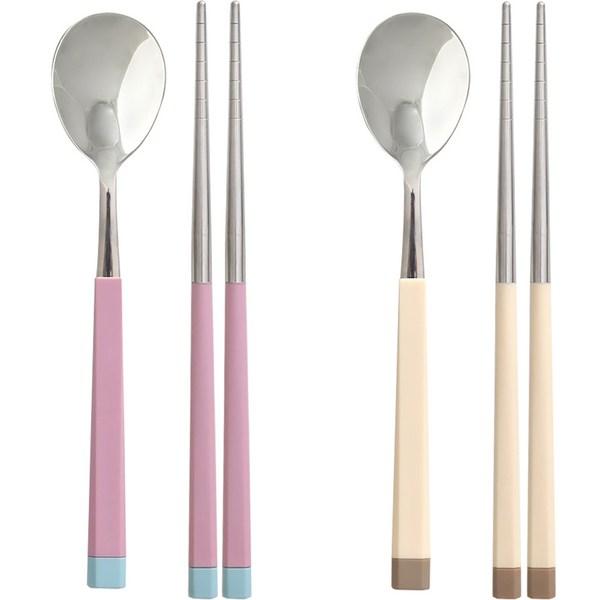 Diyou Sangsang&Stainless Steel Korean Junior Cutlery Set for 2, Pink, Ivory, 2 Types of Spoons + 2 Types of Chopsticks, 1 Set