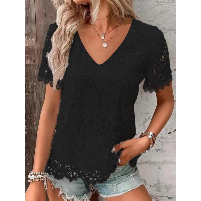 Красивая женская модная футболка с короткими рукавами и V-образным вырезом, кружевным воротником и свободным верхом