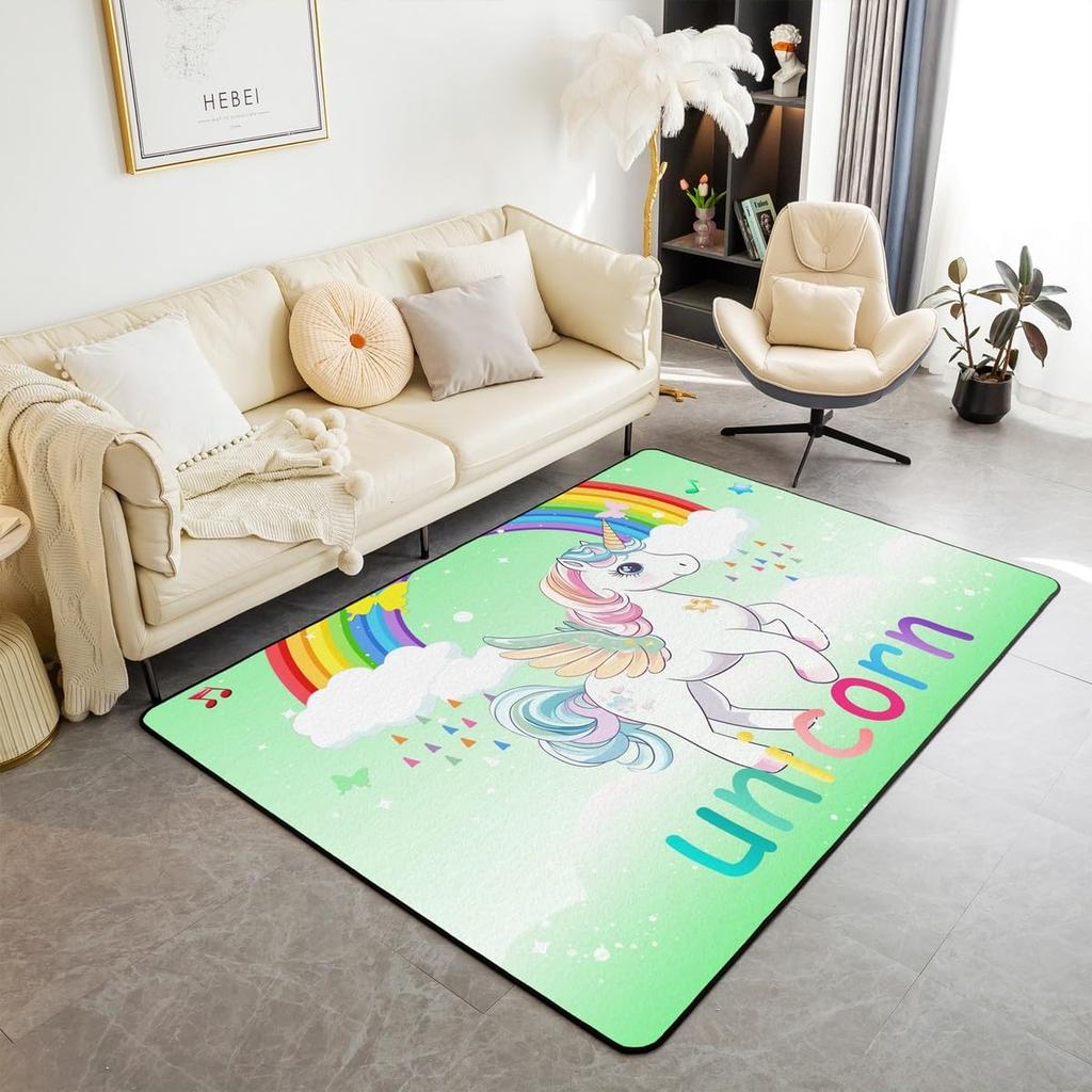 Unicorn Living Room Rugs 3x5 for Girls, Kawaii Rainbow Unicorn Area Rug for Bedroom, Kids Galaxy Stars Carpet Non Slip, White Horse Floral I