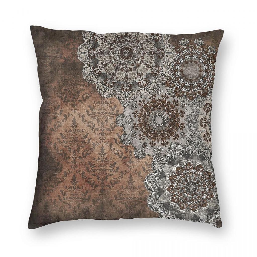 Grey Brown Vintage Mandala Square Pillowcase Polyester Linen Velvet Pattern Zip Decorative Sofa Cushion Cover